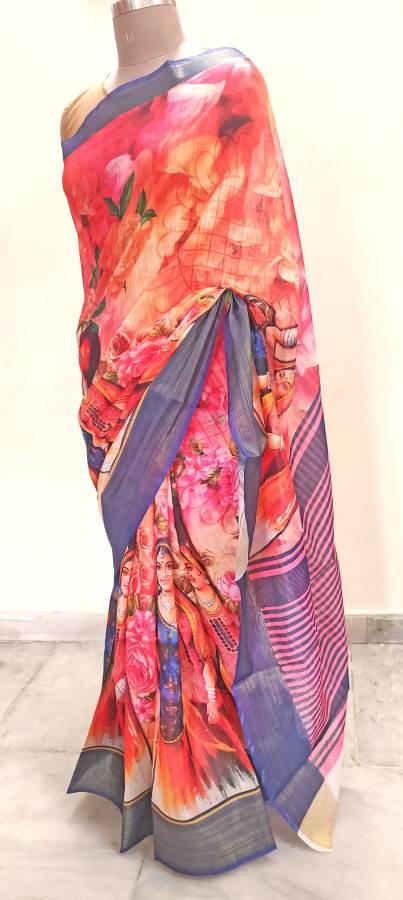 Designer Orange Multi Digital Printed Linen Cotton Saree ND11-Anvi Creations-Handloom saree,Linen Saree