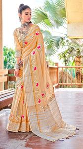 Beige Pure Linen Cotton saree with Gotta Patti Work AD4702 - Ethnic's By Anvi Creations