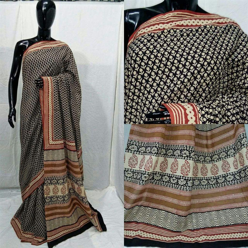 Exclusive Bagru Hand Block Printed Black Cotton Saree NV01-Anvi Creations-Handloom