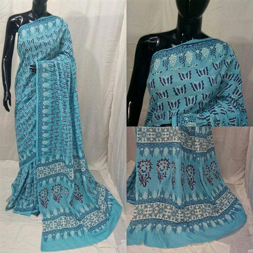 Exclusive Bagru Hand Block Printed Turquoise Cotton Saree NV05-Anvi Creations-Handloom