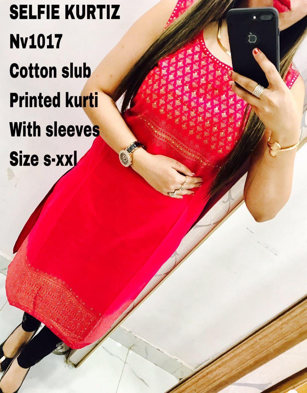 Designer Selfie Pink Cotton Embroidered Kurta Kurti NV1017-Anvi Creations-