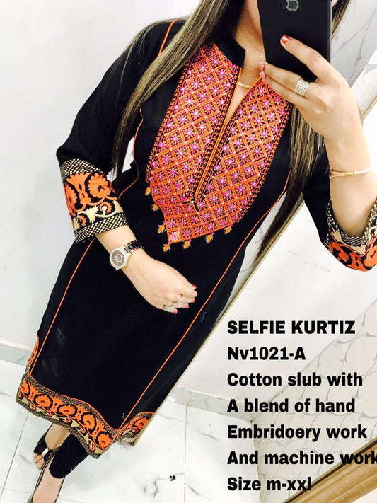 Designer Selfie Slub Cotton Black Embroidered Kurti Kurta NV1021A-Anvi Creations-