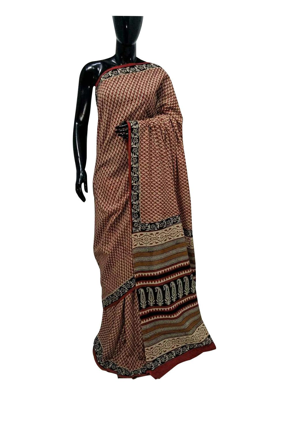 Exclusive Bagru Hand Block Printed Maroon Cotton Saree NV10-Anvi Creations-Handloom