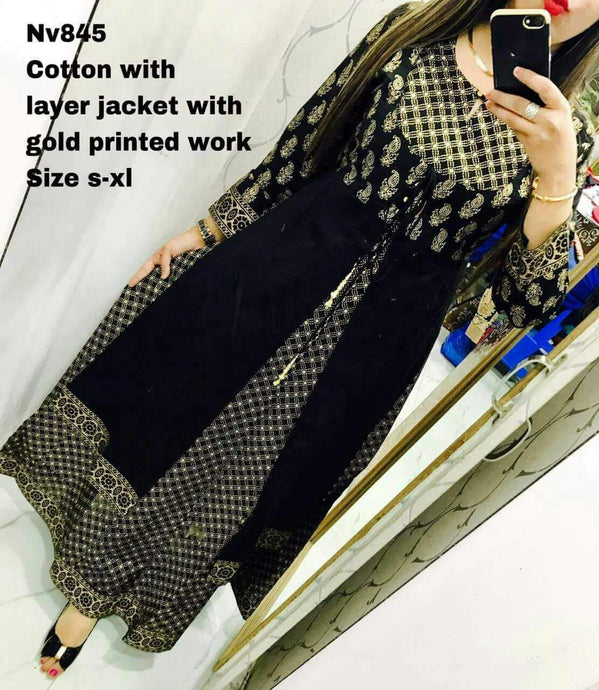 Designer Selfie Black Double Layer Gold Printed Cotton Long Kurta Kurti Dress NV845-Anvi Creations-