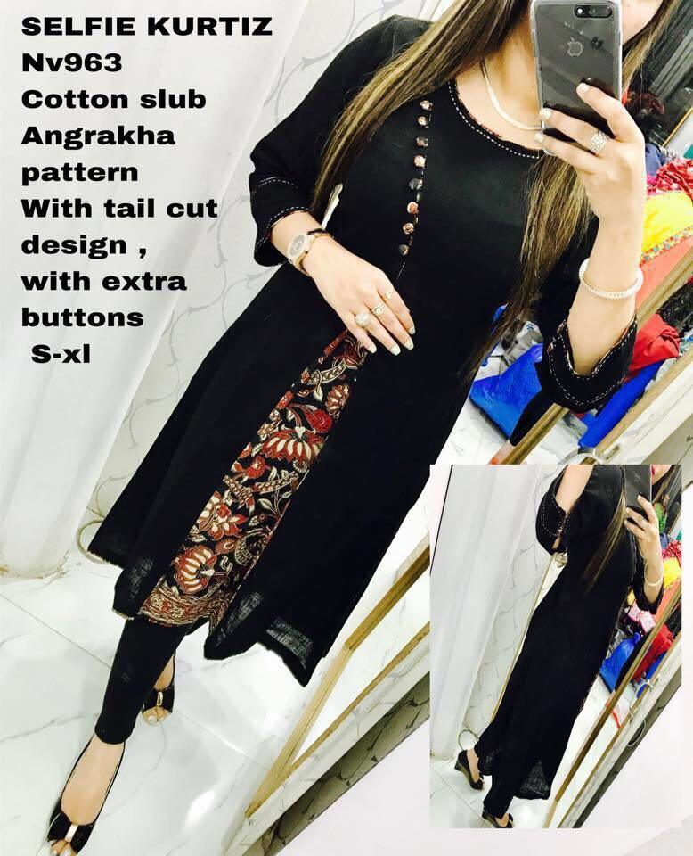 Designer Selfie Black Kalamkari Layer Cotton Kurta Kurti Dress NV963-Anvi Creations-