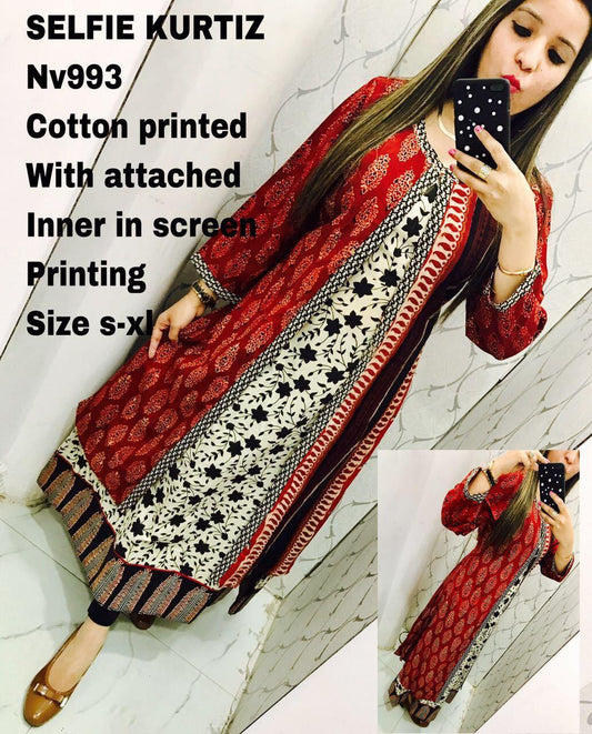 Designer Selfie Black Double Layer Block Print Cotton Long Kurta Kurti Dress NV993A-Anvi Creations-