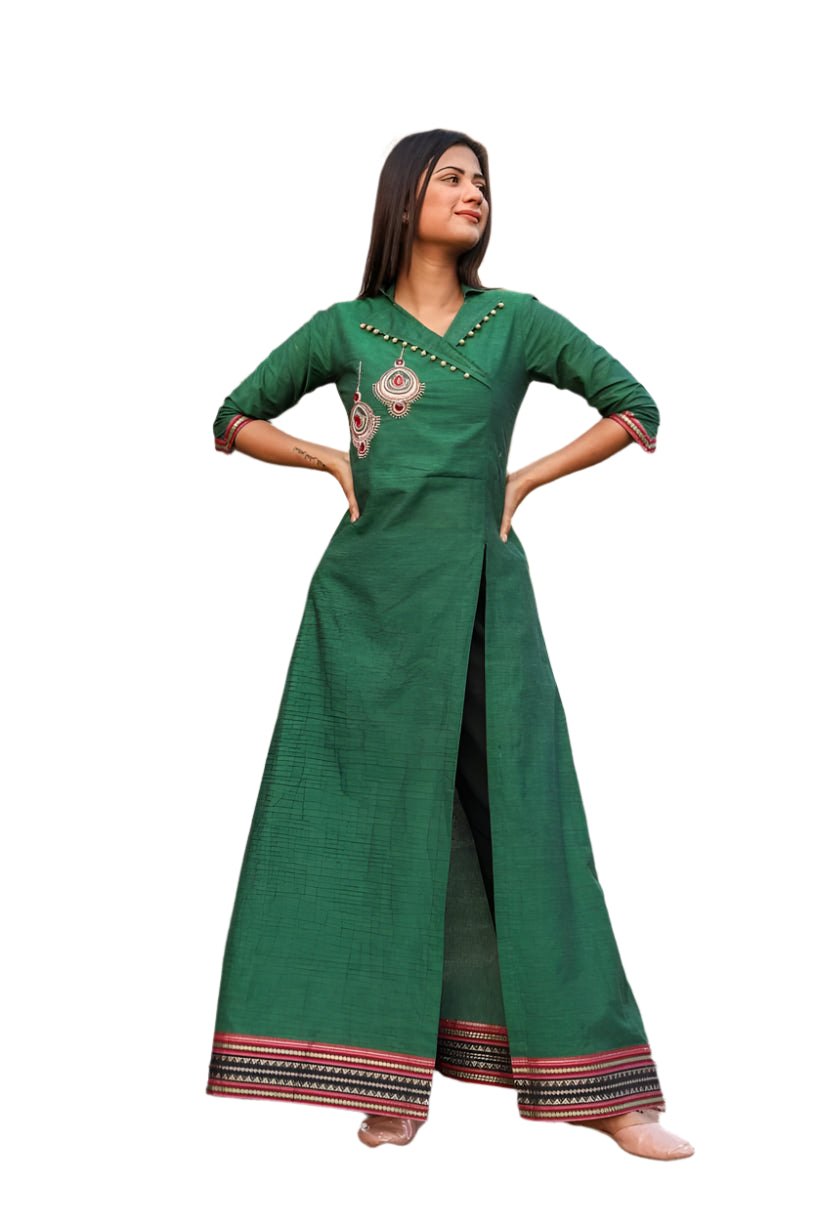 Designer Green Black Linen Cotton Ready to Wear Trouser Kurta Set OM04-Anvi Creations-Palazo Set