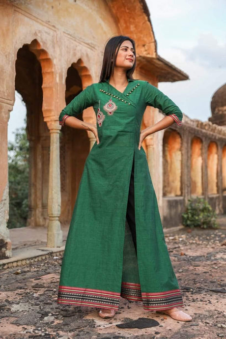 Designer Green Black Linen Cotton Ready to Wear Trouser Kurta Set OM04-Anvi Creations-Palazo Set