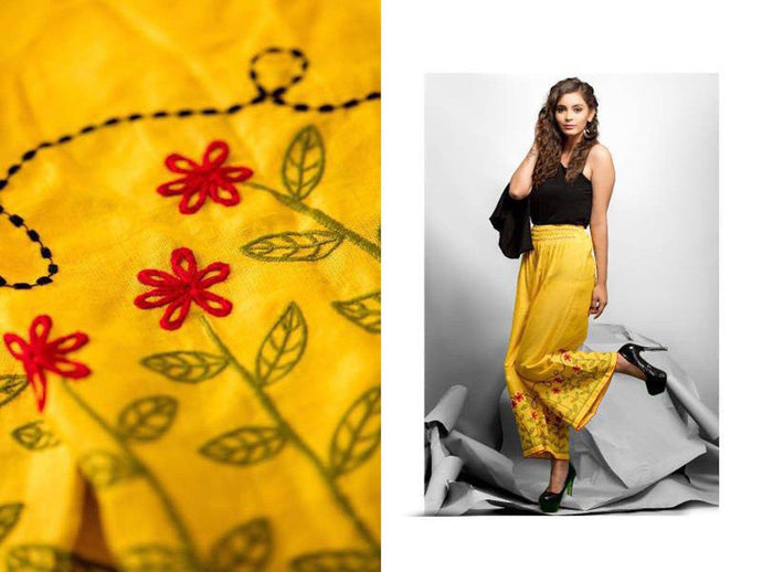 Designer Yellow Linen Cotton Embroidered Palazo Pants Free Size P702-Anvi Creations-Embroidered Palazzo,Linen Palazzo,Palazzo,Straight Pants