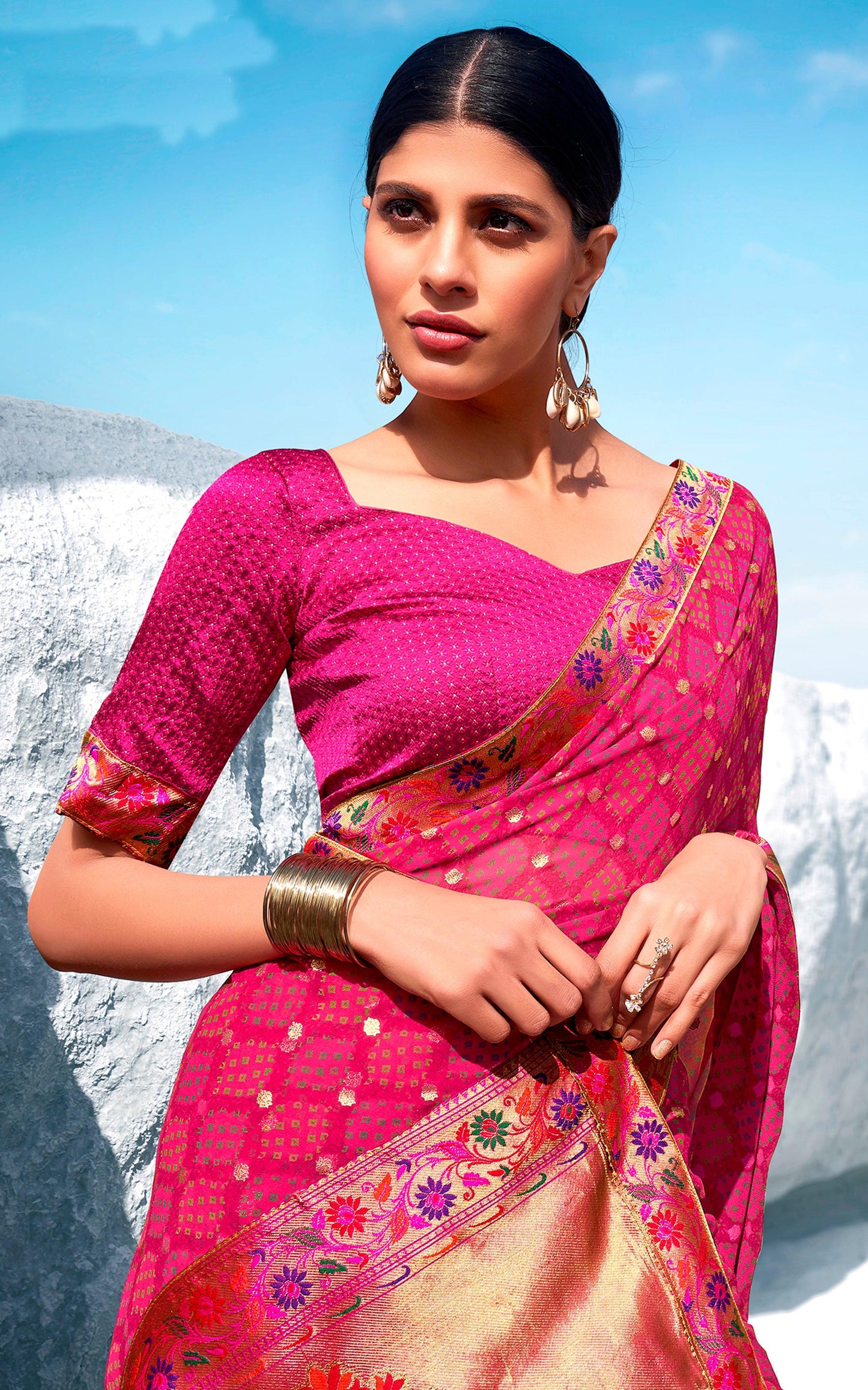 Designer Pink Printed Georgette Saree with Paithini Border Palla PG91-Anvi Creations-Printed Embellished Saree