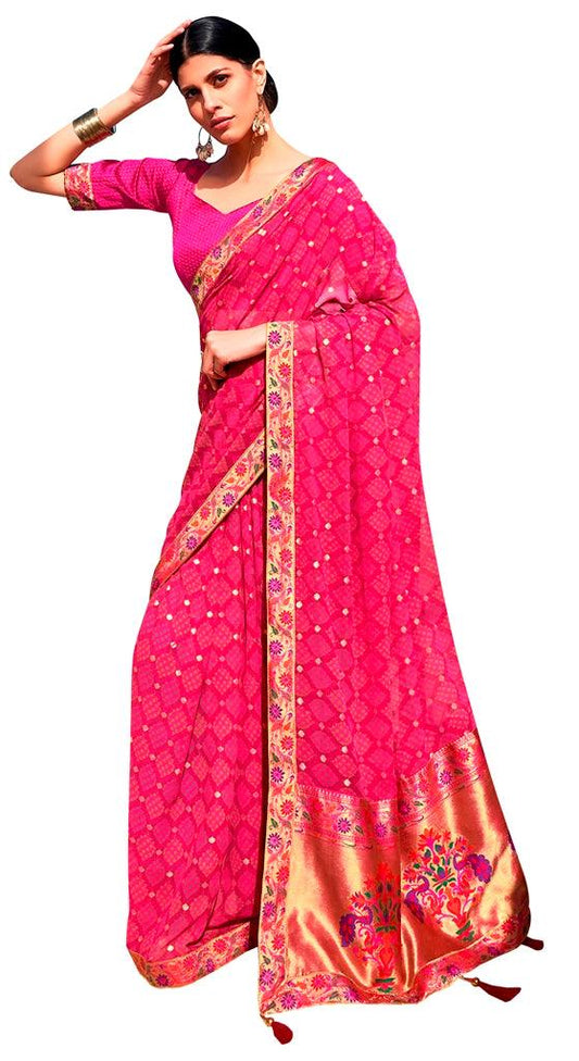 Designer Pink Printed Georgette Saree with Paithini Border Palla PG91-Anvi Creations-Printed Embellished Saree