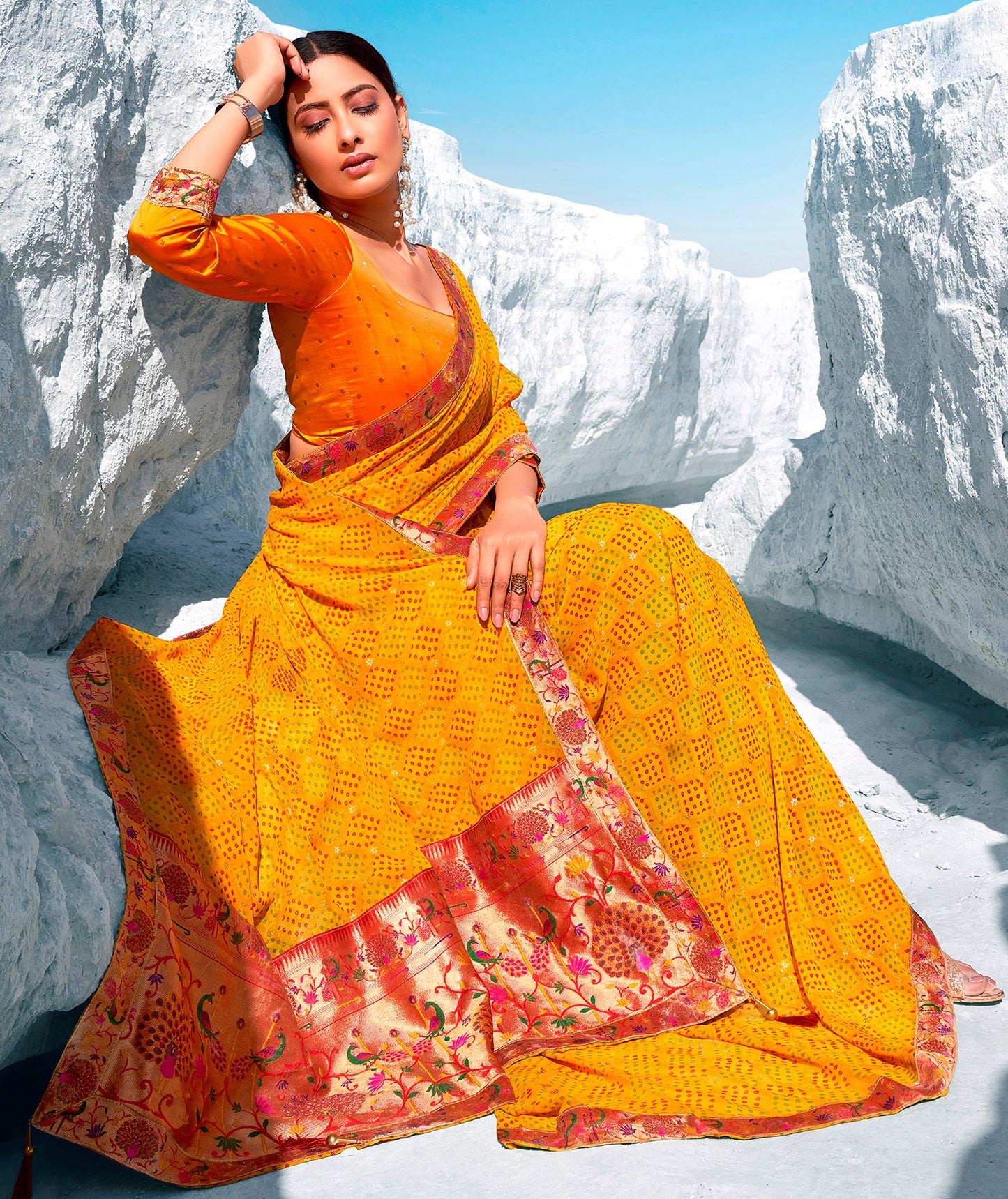 Designer Yellow Printed Georgette Saree with Paithini Border Palla PG92-Anvi Creations-Printed Embellished Saree