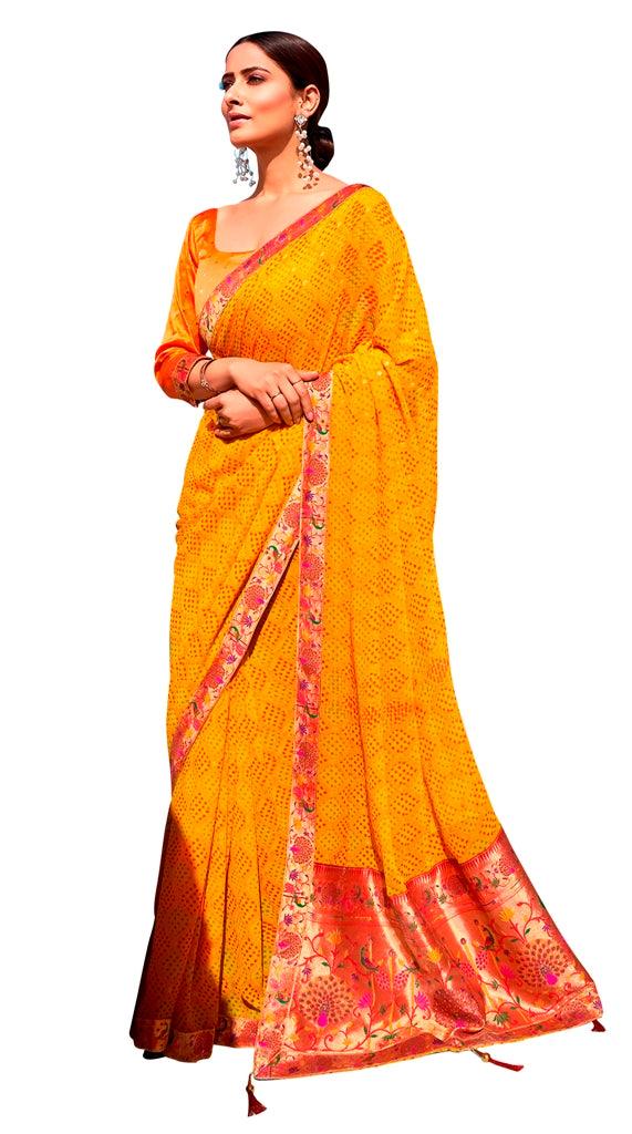 Designer Yellow Printed Georgette Saree with Paithini Border Palla PG92-Anvi Creations-Printed Embellished Saree