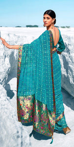 Designer Firozi Blue Printed Georgette Saree with Paithini Border Palla PG93-Anvi Creations-Georgette Banarasi Palla Saree,Printed Embellished Saree