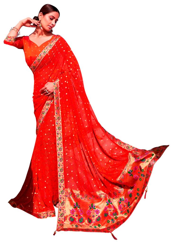 Designer Orangish Red Printed Georgette Saree with Paithini Border Palla PG94-Anvi Creations-Printed Embellished Saree