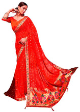 Load image into Gallery viewer, Designer Orangish Red Printed Georgette Saree with Paithini Border Palla PG94-Anvi Creations-Printed Embellished Saree