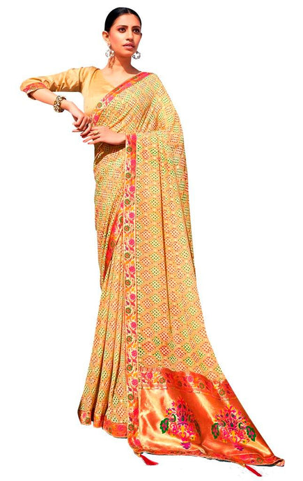 Designer Beige Printed Georgette Saree with Paithini Border Palla PG95-Anvi Creations-Georgette saree with banarasi Palla,Printed Embellished Saree