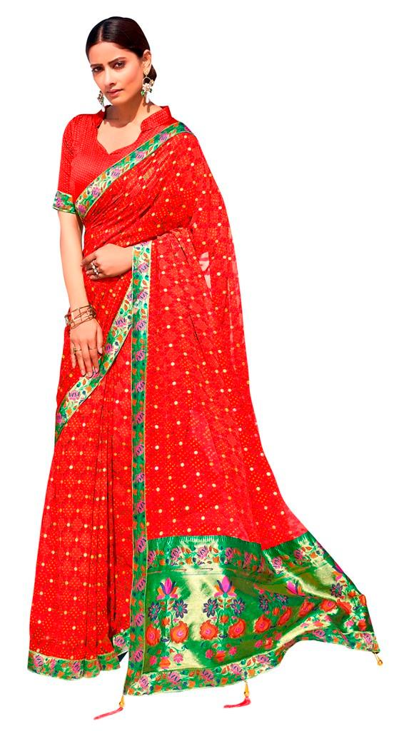 Designer Red Printed Georgette Saree with Paithini Palla PG96-Anvi Creations-Printed Embellished Saree