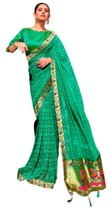 Designer Green Printed Georgette Saree with Paithini Border Palla PG97-Anvi Creations-Printed Embellished Saree