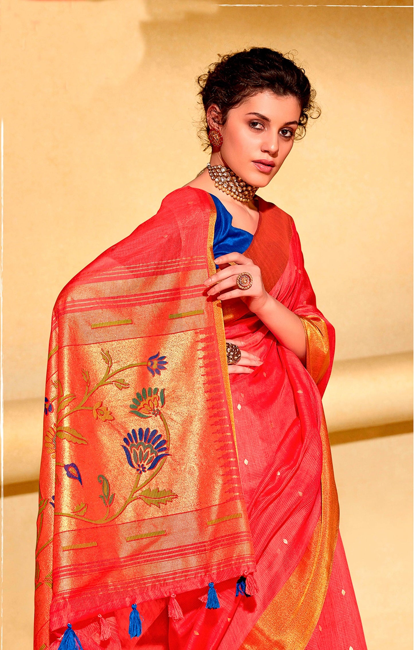 Designer Red Linen Cotton Zari Foil Printed Saree PR71-Anvi Creations-Handloom saree,Linen Saree