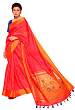 Load image into Gallery viewer, Designer Red Linen Cotton Zari Foil Printed Saree PR71-Anvi Creations-Handloom saree,Linen Saree
