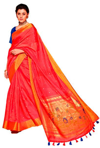 Designer Red Linen Cotton Zari Foil Printed Saree PR71-Anvi Creations-Handloom saree,Linen Saree