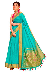 Designer Turquoise Green Linen Cotton Zari Foil Printed Saree PR72-Anvi Creations-Handloom saree,Linen Saree