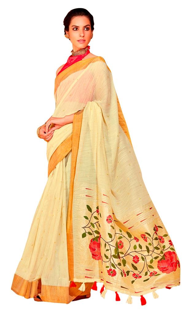 Designer Off White Cream Linen Cotton Zari Foil Printed Saree PR73-Anvi Creations-Handloom saree,Linen Saree