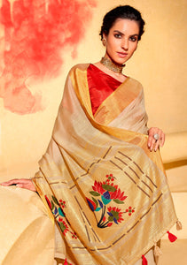 Designer Beige Linen Cotton Zari Foil Printed Saree PR76 - Ethnic's By Anvi Creations