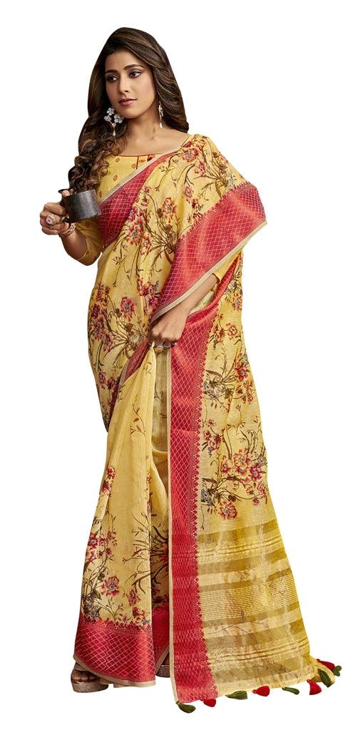 Designer Resham Border Yellow Digital Printed Linen Saree PC161-Anvi Creations-Handloom saree,Linen Embroidered Saree