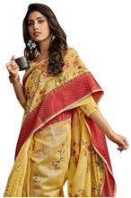 Load image into Gallery viewer, Designer Resham Border Yellow Digital Printed Linen Saree PC161-Anvi Creations-Handloom saree,Linen Embroidered Saree