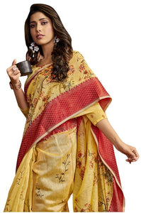 Designer Resham Border Yellow Digital Printed Linen Saree PC161-Anvi Creations-Handloom saree,Linen Embroidered Saree
