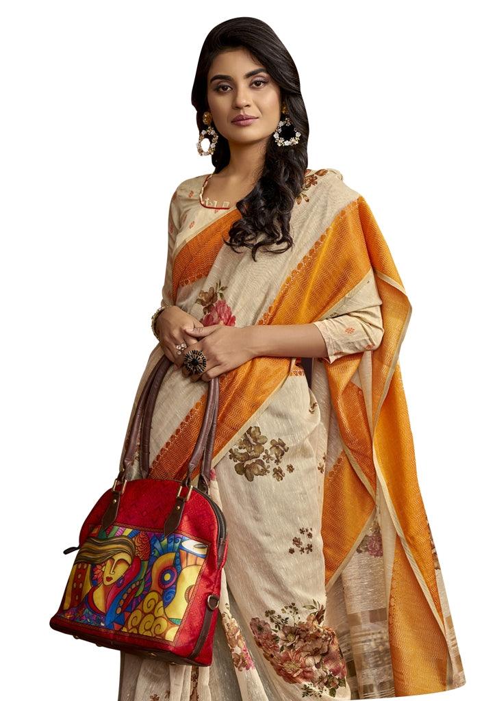 Designer Resham Border Beige Digital Printed Linen Saree PC164-Anvi Creations-Handloom saree,Linen Embroidered Saree