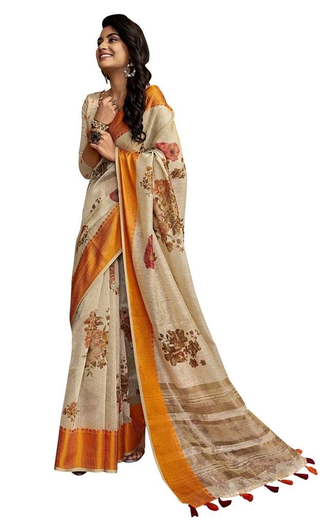 Designer Resham Border Beige Digital Printed Linen Saree PC164-Anvi Creations-Handloom saree,Linen Embroidered Saree