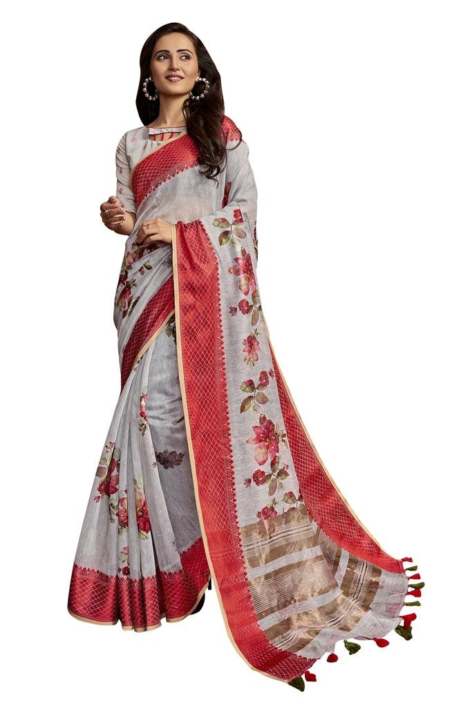 Designer Resham Border Grey Digital Printed Linen Saree PC166-Anvi Creations-Handloom saree,Linen Embroidered Saree