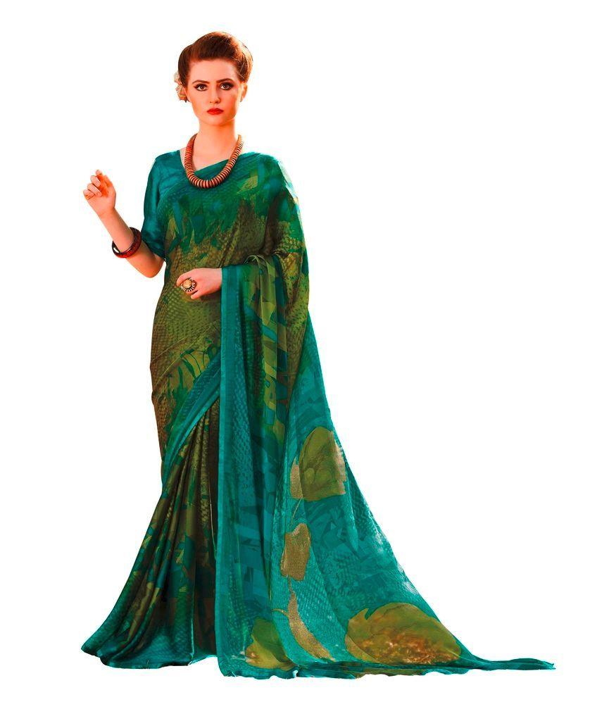Green Georgette Printed Saree RV7403-Anvi Creations-Printed saree