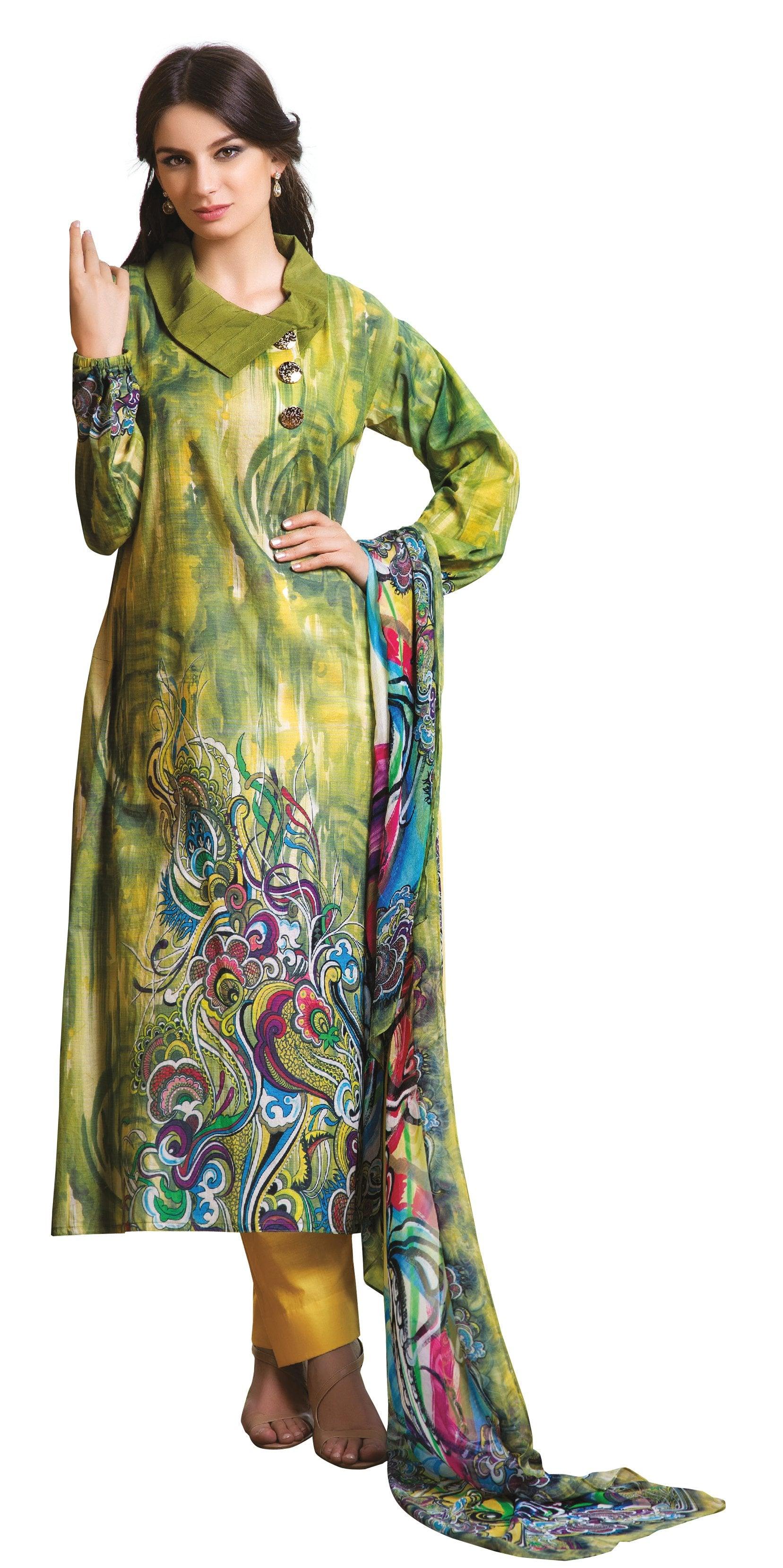 French Crepe Green Lawn Printed Dress Material With Chiffon Dupatta RSH52B-Anvi Creations-Dress Material,SALE