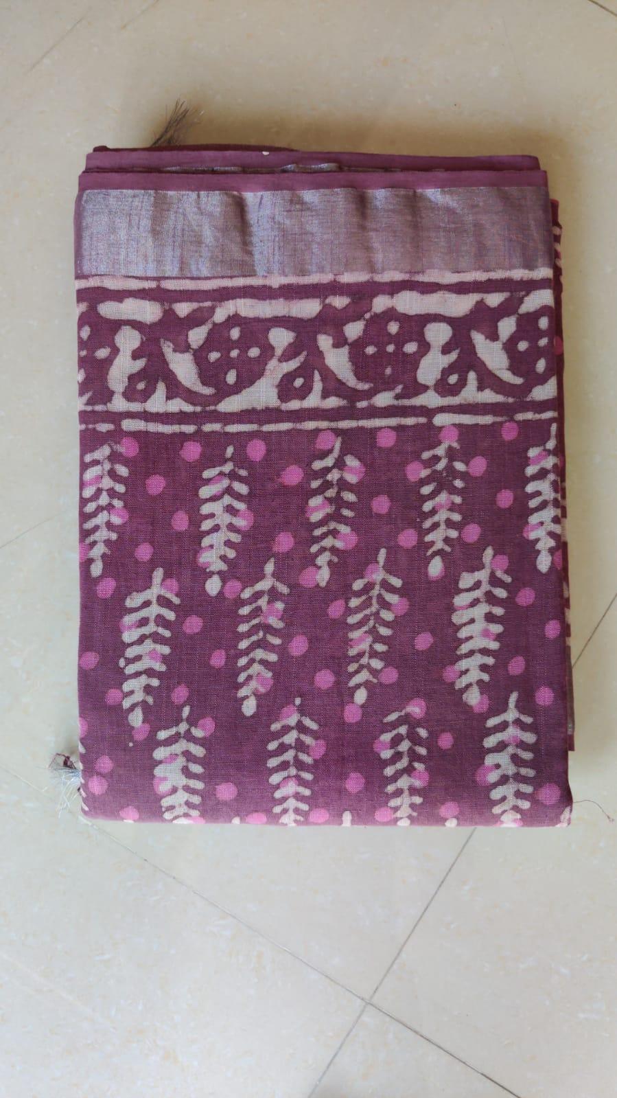 Onion Pink Linen Cotton Hand Block Printed Saree RF02 - Ethnic's By Anvi Creations