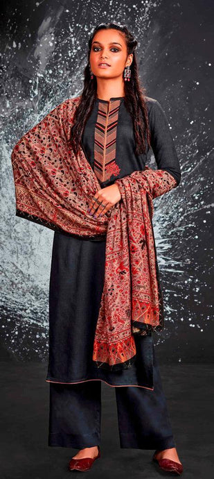 Black Fine Pashmina with Shawl Dress Material EL09C - Ethnic's By Anvi Creations