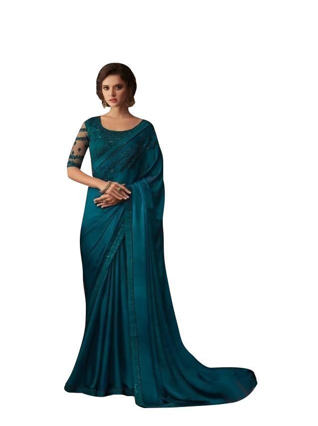 Exclusive Teal Blue Chiffon Silk Embroidered Saree with Designer Blouse AC606-Anvi Creations-Designer Saree