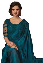 Load image into Gallery viewer, Exclusive Teal Blue Chiffon Silk Embroidered Saree with Designer Blouse AC606-Anvi Creations-Designer Saree