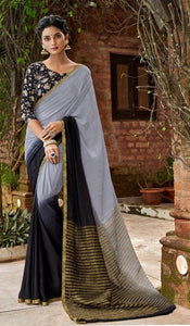 Designer Twin Shaded Gray Black Chiffon Saree with Double Blouse and Mask SAT01 - Ethnic's By Anvi Creations