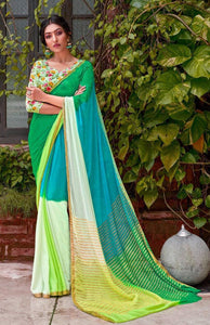 Designer Shaded Green Blue Chiffon Saree with Double Blouse and Mask SAT03 - Ethnic's By Anvi Creations