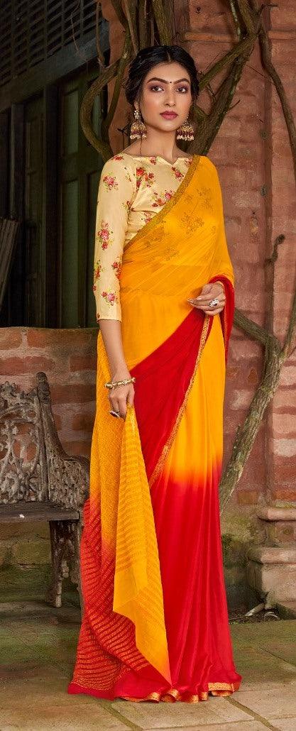 Designer Shaded Red Yellow Chiffon Saree with Double Blouse and Mask SAT04 - Ethnic's By Anvi Creations