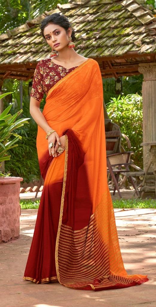 Designer Shaded Orange Maroon Chiffon Saree with Double Blouse and Mask SAT05 - Ethnic's By Anvi Creations