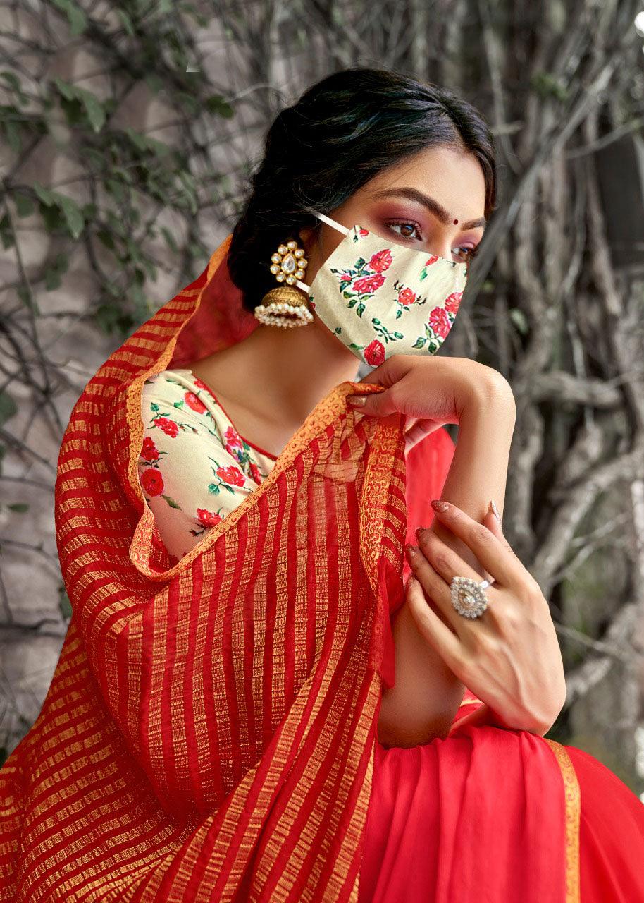 Designer Red Chiffon Saree with Double Blouse and Mask SAT09 - Ethnic's By Anvi Creations