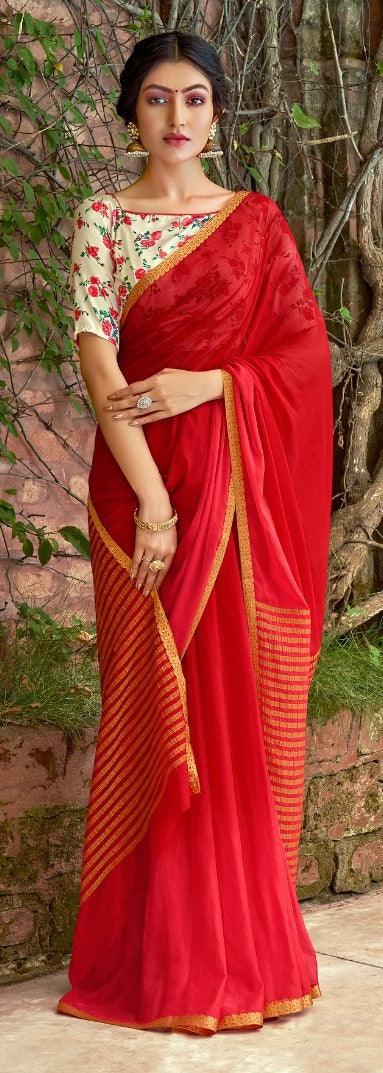 Designer Red Chiffon Saree with Double Blouse and Mask SAT09 - Ethnic's By Anvi Creations