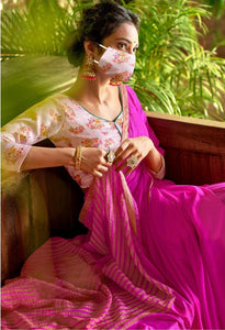Designer Purplish Pink Chiffon Saree with Double Blouse and Mask SAT10 - Ethnic's By Anvi Creations