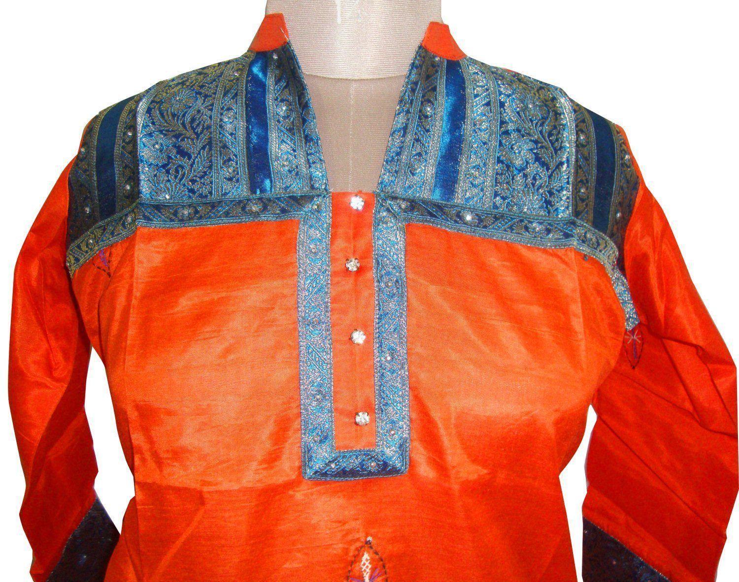 Orange Tussar silk Stitched Kurta Dress Size 44 SC502-Anvi Creations-Kurta,Kurti,Top,Tunic