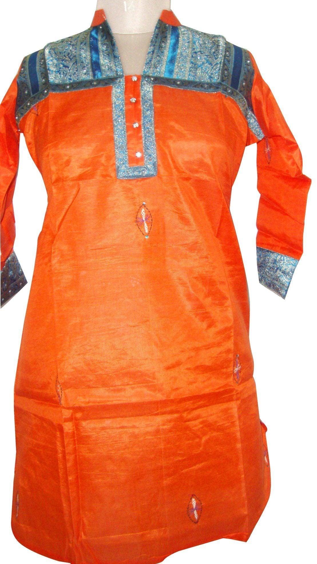 Orange Tussar silk Stitched Kurta Dress Size 44 SC502-Anvi Creations-Kurta,Kurti,Top,Tunic